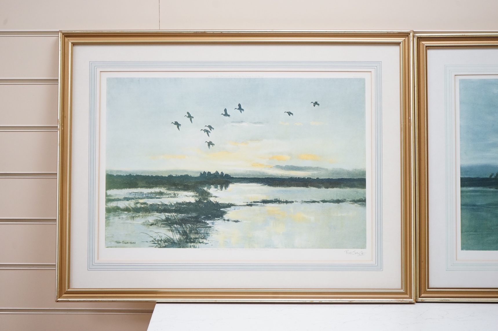 Sir Peter Markham Scott (1909-1989) ‘Widgeons beyond the dunes’ and ‘Mallard in a mellow sky’, each signed in pencil, each with labels verso, pair of colour prints, published by Arthur Ackermann & Son Ltd., 1946 and 1949